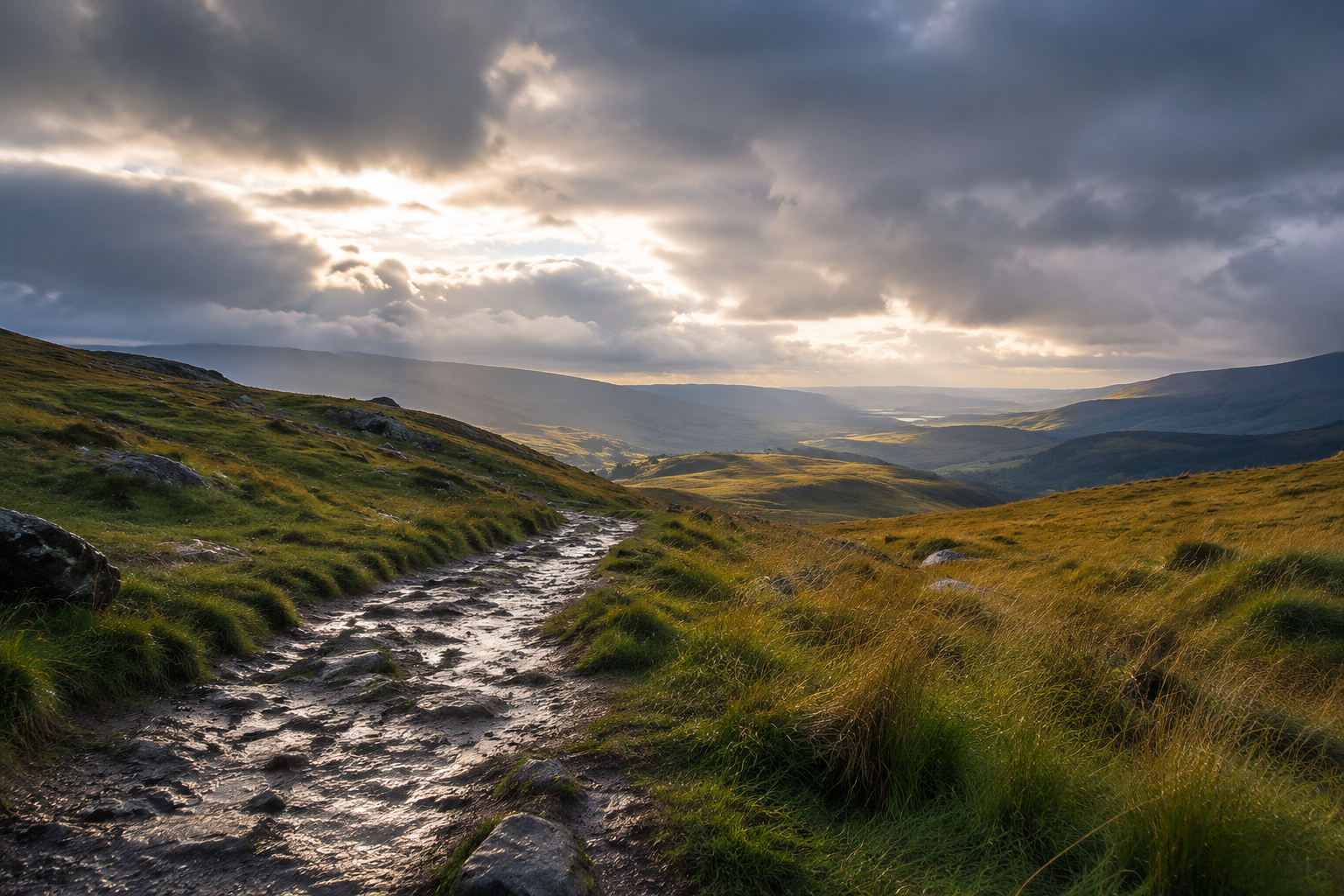 Low cloud and sunlight over a damp hillside